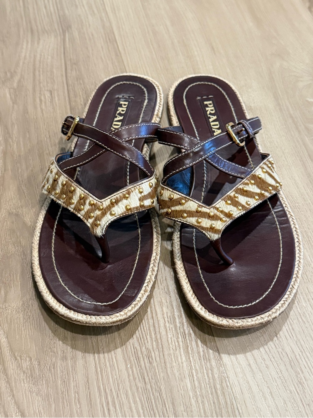 Prada Thongs Brown Leather Pony Hair Studded